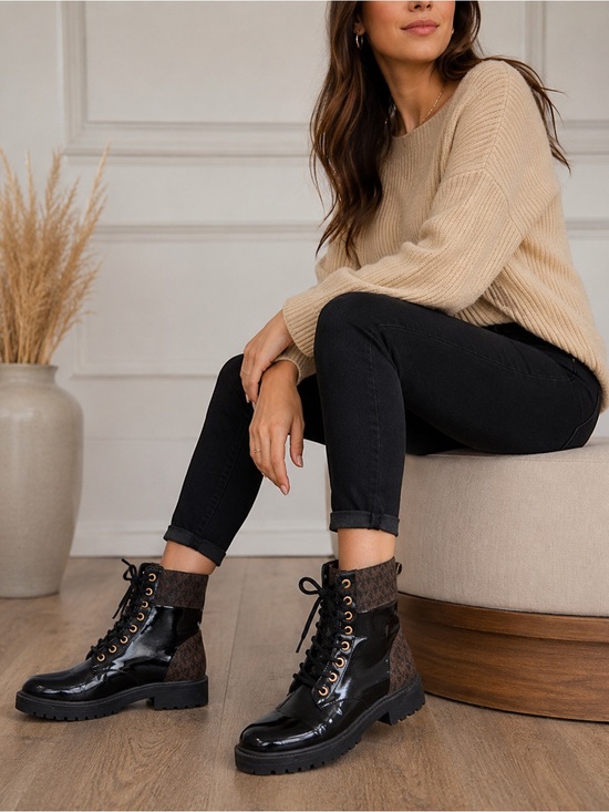 Michael Kors Shoes - Michael Kors Stylish Black and Brown Women's Combat Boots LS21J
